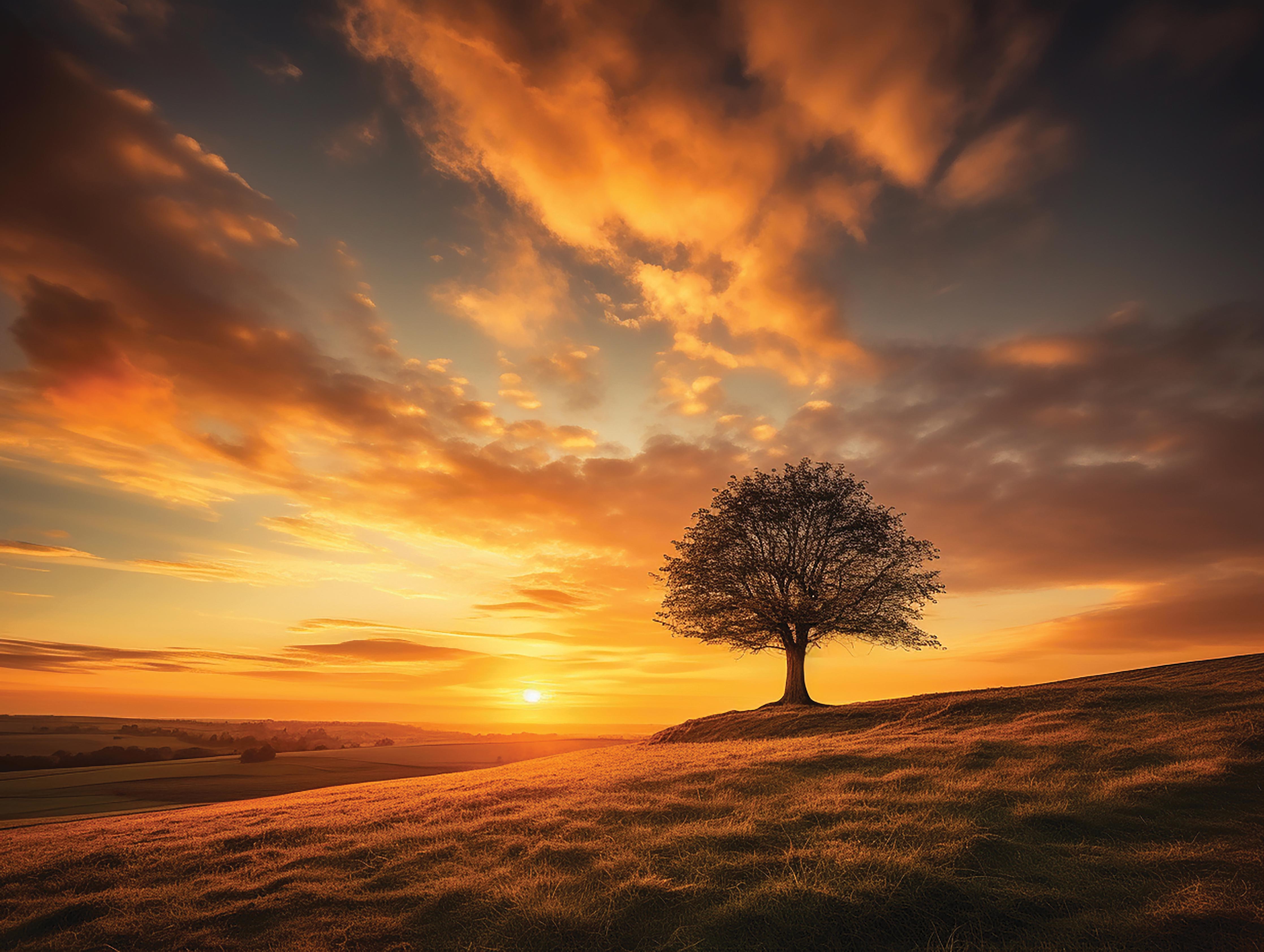 Einsamer Baum im goldenen Abendlicht